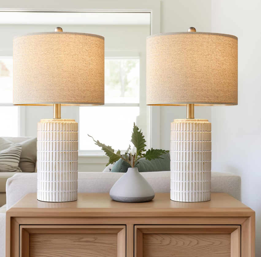 Set of 2 white ceramic table lamps, farmhouse bedside and end table lamps with beige fabric shade for living room and bedroom
